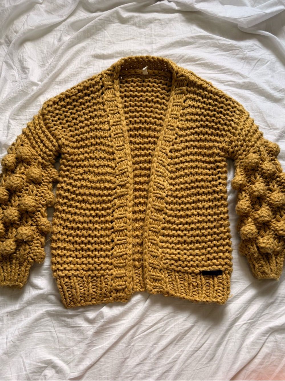 Chunky Bubble-Sleeve Cardigan in Mustard